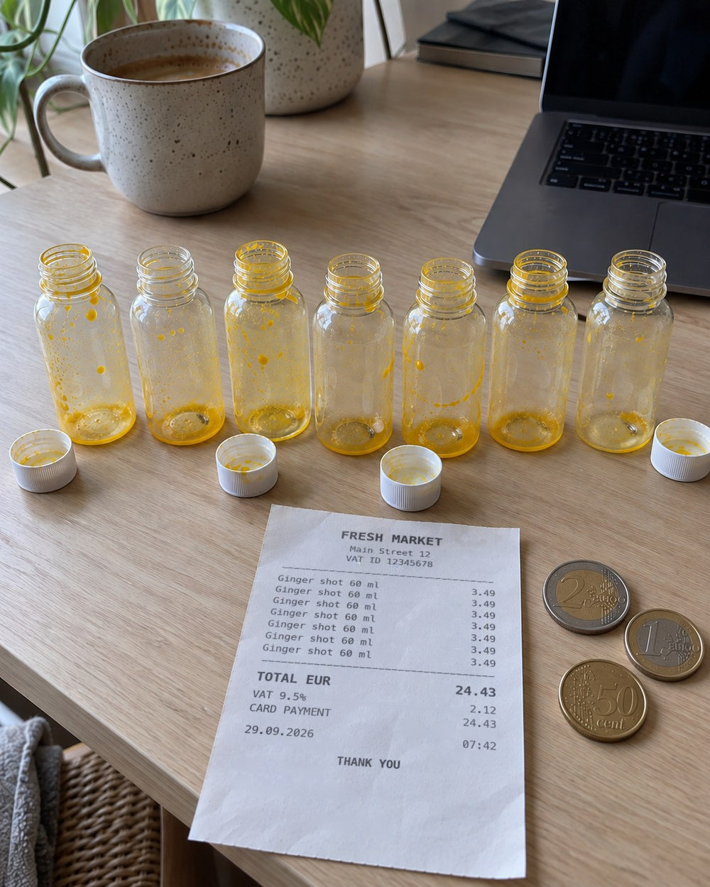 Seven empty ginger shot bottles and a shop receipt of 24.43 EUR