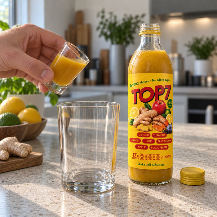 Measuring one shot of TOP 7 concentrate next to the bottle